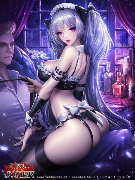Anime picture 600x800 with joker ~gang road~ dadachyo tall image looking at viewer breasts light erotic purple eyes bare shoulders silver hair ass very long hair maid girl thighhighs boy uniform underwear panties bow black thighhighs