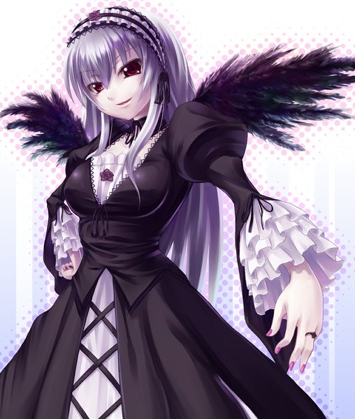 Anime picture 1000x1180 with rozen maiden suigintou asa (swallowtail) single long hair tall image looking at viewer smile red eyes silver hair goth-loli girl dress wings frills headdress ring