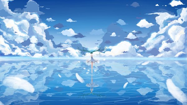 Anime picture 3508x1972 with vocaloid hatsune miku tenko single highres wide image twintails cloud (clouds) very long hair aqua eyes aqua hair reflection see-through silhouette girl dress water feather (feathers)