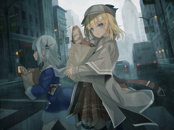 Anime picture 1600x1200 with virtual youtuber hololive hololive english gawr gura gawr gura (1st costume) watson amelia anzi looking at viewer short hair blue eyes blonde hair multiple girls silver hair outdoors profile dutch angle city walking crosswalk girl