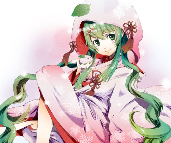 Anime picture 1374x1151 with vocaloid hatsune miku yuki miku yuki miku (2013) single long hair smile twintails green eyes nail polish traditional clothes japanese clothes fingernails green hair snowing snowflake print girl hair ornament kimono leaf (leaves)