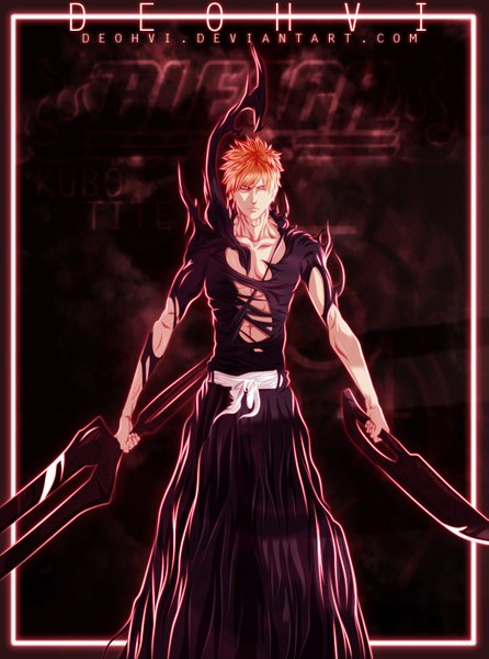 Anime picture 1277x1716 with bleach studio pierrot kurosaki ichigo deohvi single tall image short hair holding traditional clothes japanese clothes pink eyes orange hair coloring torn clothes muscle dual wielding boy weapon sword belt
