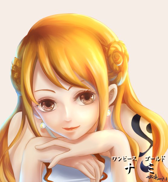 Anime picture 1748x1889 with one piece one piece film: gold toei animation nami (one piece) yan xiao qi single long hair tall image looking at viewer fringe highres simple background bare shoulders brown eyes signed upper body light smile lips orange hair hair bun (hair buns)