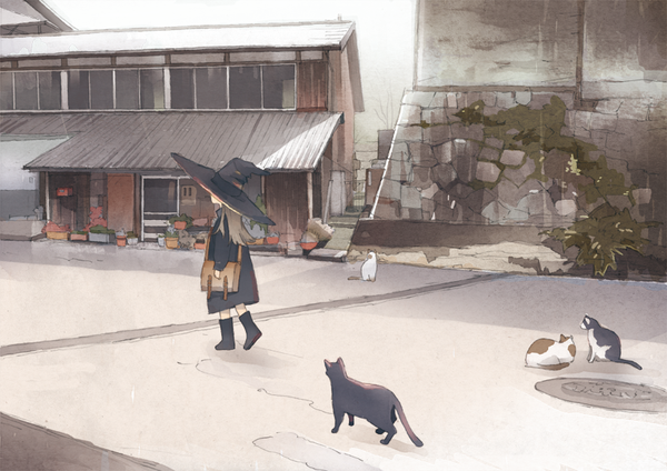 Anime picture 820x580 with original wamizu single long hair brown hair full body walking witch girl hat animal building (buildings) cat bag witch hat