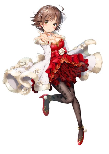 Anime picture 1517x2149 with idolmaster idolmaster cinderella girls honda mio kuria (clear trip second) single tall image looking at viewer blush fringe short hair breasts simple background smile brown hair standing white background yellow eyes cleavage full body ahoge