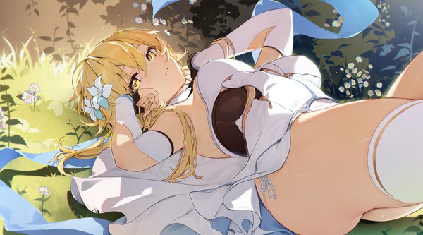 Anime picture 3840x2133 with genshin impact lumine (genshin impact) houkisei single long hair looking at viewer blush fringe highres breasts light erotic blonde hair hair between eyes wide image large breasts yellow eyes absurdres outdoors ass lying