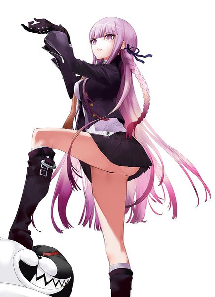 Anime picture 873x1200 with dangan ronpa kirigiri kyouko monokuma okazaki takeshi single long hair tall image fringe light erotic simple background white background purple eyes purple hair blunt bangs braid (braids) pleated skirt from below single braid side braid adjusting clothes