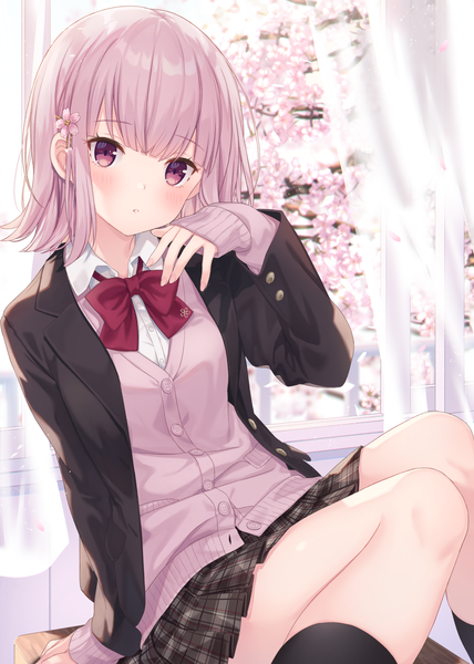 Anime picture 1836x2571 with original jimmy madomagi single tall image looking at viewer blush fringe highres short hair sitting pink hair indoors blunt bangs long sleeves parted lips head tilt pleated skirt pink eyes hair flower fingernails