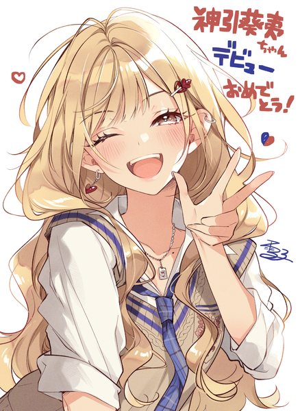 Anime picture 1604x2196 with virtual youtuber tcgv kamibiki aoi yukinokoe single long hair tall image looking at viewer blush open mouth simple background blonde hair white background brown eyes upper body one eye closed wink mole official art character names