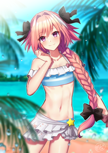 Anime picture 724x1023 with fate (series) fate/apocrypha astolfo (fate) ittokyu single long hair tall image looking at viewer blush fringe open mouth light erotic smile hair between eyes standing purple eyes bare shoulders pink hair sky outdoors