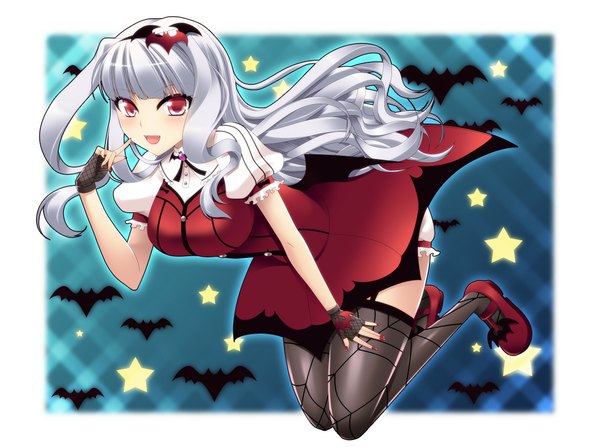 Anime picture 1116x832 with idolmaster shijou takane kanraku single long hair open mouth red eyes white hair my dear vampire girl thighhighs dress black thighhighs fingerless gloves star (symbol) bat