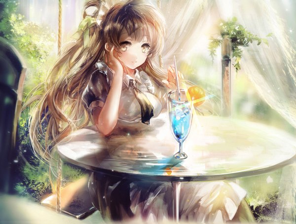 Anime picture 1500x1134 with love live! school idol project sunrise (studio) love live! minami kotori juexing (moemoe3345) single long hair looking at viewer brown hair sitting brown eyes wind sunlight arm support short sleeves maid one side up crossed legs alternate hairstyle shiny