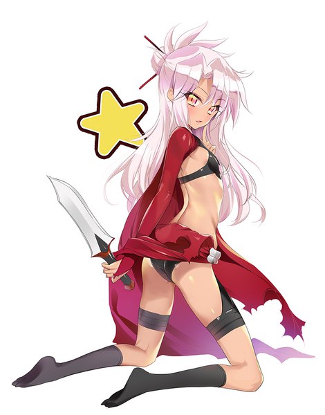 Anime picture 800x1020 with fate (series) fate/kaleid liner prisma illya kuro (fate/kaleid liner) youta single long hair tall image looking at viewer blush fringe light erotic holding yellow eyes pink hair full body ass parted lips hair bun (hair buns) shiny skin kneeling