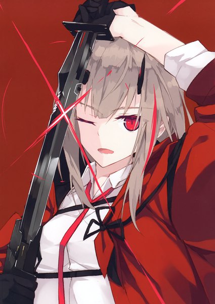 Anime picture 2090x2947 with original nagishiro mito single long hair tall image looking at viewer fringe highres open mouth simple background hair between eyes red eyes holding payot upper body one eye closed multicolored hair arm up horn (horns) grey hair