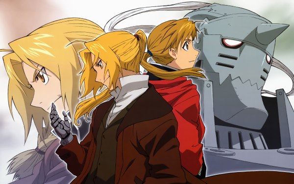 Anime picture 2560x1600 with fullmetal alchemist studio bones edward elric alphonse elric long hair highres blonde hair smile wide image yellow eyes ponytail profile horn (horns) dual persona choker armor coat prosthesis