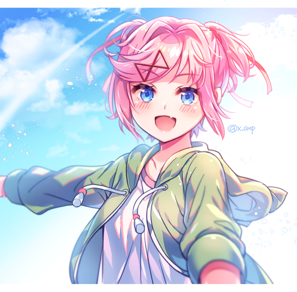 Anime-Bild 900x885 mit doki doki literature club natsuki (doki doki literature club) aicedrop single looking at viewer blush short hair open mouth blue eyes twintails signed sky cloud (clouds) upper body outdoors long sleeves :d blurry fang (fangs) alternate costume