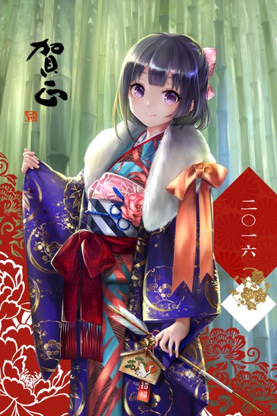 Anime picture 2000x3000 with original pisuke single tall image highres short hair black hair smile purple eyes traditional clothes japanese clothes half updo new year 2016 bamboo forest girl bow plant (plants) hair bow tree (trees)