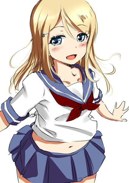 Anime picture 800x1129 with love live! school idol project sunrise (studio) love live! ayase arisa kgo single long hair tall image fringe open mouth blue eyes simple background blonde hair smile white background short sleeves girl skirt navel uniform