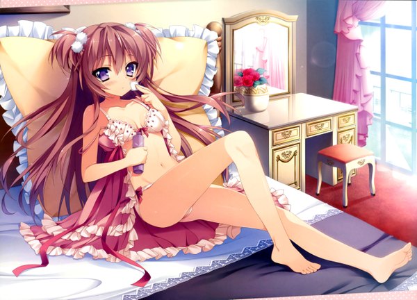 Anime picture 5429x3915 with shukufuku no kane no oto wa ootori maria anapom single long hair looking at viewer blush highres light erotic brown hair purple eyes absurdres barefoot scan two side up underwear only reclining girl navel underwear