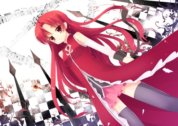 Anime picture 1838x1300 with mahou shoujo madoka magica shaft (studio) sakura kyouko single long hair highres red eyes red hair tears checkered background girl thighhighs black thighhighs