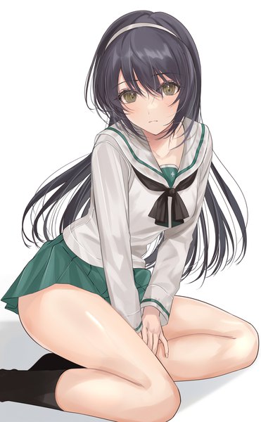 Anime picture 1266x2048 with girls und panzer reizei mako mexif single long hair tall image looking at viewer fringe light erotic black hair simple background hair between eyes white background sitting brown eyes pleated skirt girl skirt uniform miniskirt