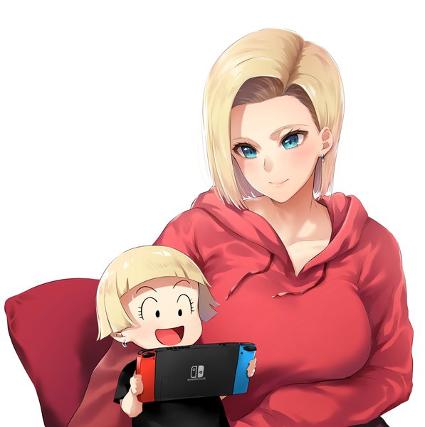 Anime picture 1883x1894 with dragon ball dragon ball z nintendo android 18 marron khanka shui tall image blush fringe highres short hair breasts open mouth blue eyes simple background blonde hair smile white background multiple girls holding
