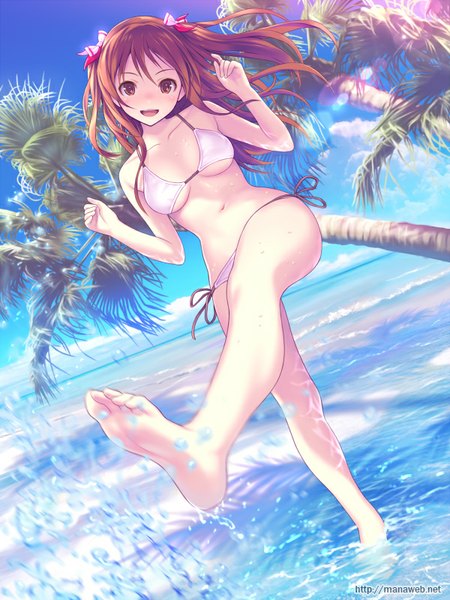 Anime picture 600x800 with ilog suminaka kaori mana kakkowarai single long hair tall image looking at viewer blush breasts open mouth light erotic brown hair brown eyes legs beach girl navel swimsuit plant (plants) bikini