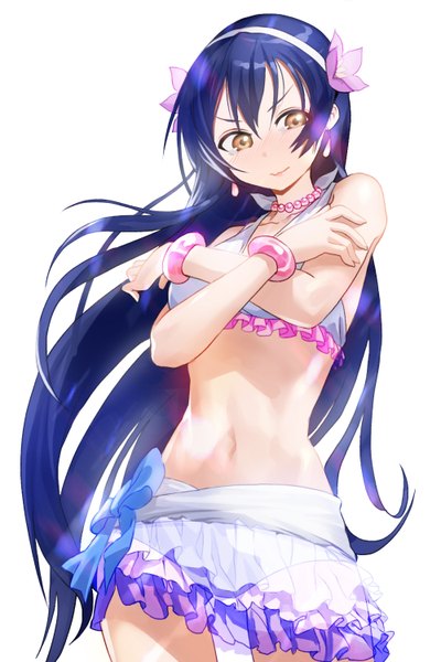 Anime picture 1000x1500 with love live! school idol project sunrise (studio) love live! sonoda umi modare single long hair tall image blush fringe simple background white background brown eyes blue hair looking away bare belly midriff girl swimsuit earrings