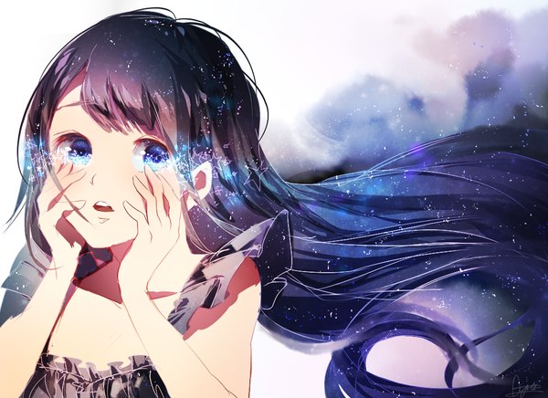 Anime picture 1100x800 with original ryota (ry o ta) single long hair looking at viewer open mouth blue eyes signed purple hair girl dress star (symbol) star (stars) sundress