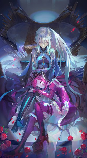 Anime-Bild 1500x2724 mit fate (series) fate/grand order morgan le fay (fate) baobhan sith (fate) emoillu long hair tall image fringe hair between eyes sitting multiple girls payot pink hair silver hair ponytail lying eyes closed pointy ears sparkle high heels