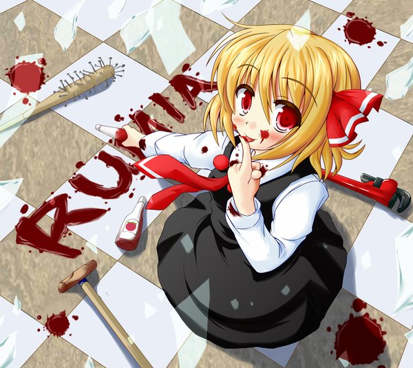 Anime picture 1400x1250 with touhou rumia hiiragi tomoka short hair blonde hair red eyes from above finger to mouth looking up finger licking girl dress bow weapon hair bow necktie black dress blood sundress bottle