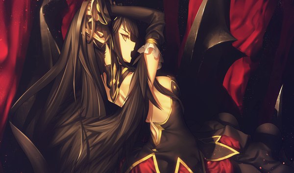 Anime picture 4096x2417 with fate (series) fate/apocrypha semiramis (fate) kawanakajima single long hair looking at viewer highres breasts open mouth light erotic black hair wide image yellow eyes absurdres upper body long sleeves very long hair profile looking back