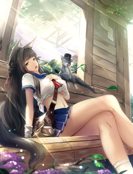 Anime picture 2416x3159 with original kikivi single long hair tall image highres open mouth light erotic black hair sitting brown eyes animal ears tail animal tail crossed legs girl skirt uniform flower (flowers) plant (plants)