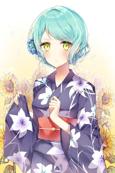 Anime picture 1181x1771 with bang dream! hikawa sayo taya oco single tall image looking at viewer blush fringe short hair standing green eyes traditional clothes japanese clothes aqua hair wide sleeves floral print floral background girl hair ornament flower (flowers)