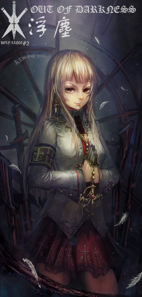 Anime picture 1100x2293 with original edenfox single long hair tall image blonde hair blunt bangs pink eyes inscription text hieroglyph english vampire praying girl skirt weapon earrings jewelry feather (feathers)