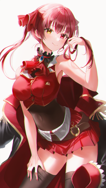 Anime picture 1200x2115 with virtual youtuber hololive houshou marine houshou marine (1st costume) ochya single long hair tall image looking at viewer blush fringe breasts simple background smile hair between eyes red eyes standing white background twintails bare shoulders