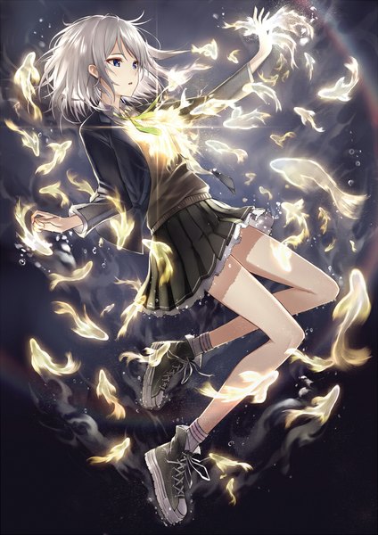 Anime picture 778x1100 with original fame peera single tall image short hair blue eyes silver hair bent knee (knees) parted lips outstretched arm glowing dark background weightlessness girl uniform school uniform animal shoes fish (fishes) sneakers