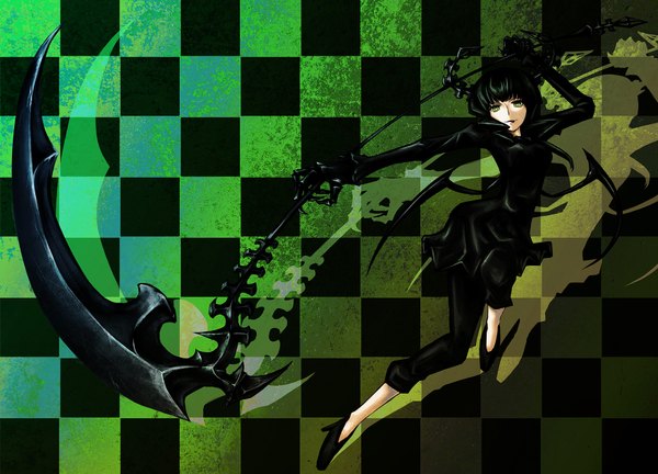 Anime picture 1750x1260 with black rock shooter dead master single long hair looking at viewer highres black hair green eyes horn (horns) black wings checkered background girl dress black dress scythe