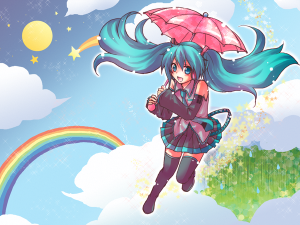 Anime picture 1280x960 with vocaloid hatsune miku kousetsu long hair blue eyes flying girl star (symbol) umbrella rainbow