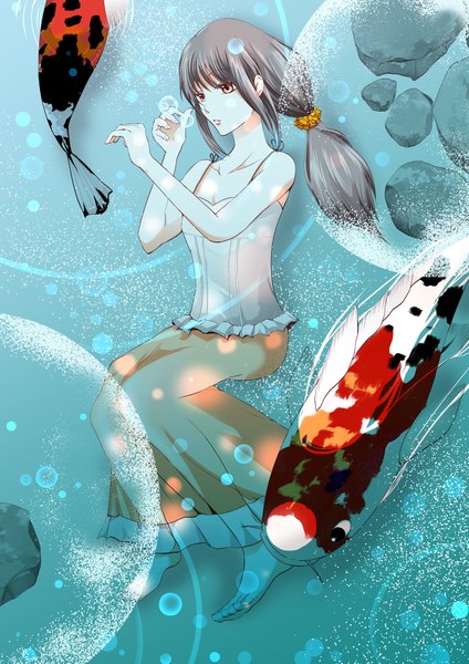 Anime picture 1412x2000 with original yutaka single long hair tall image red eyes bare shoulders barefoot grey hair underwater girl water bubble (bubbles) fish (fishes) stone (stones)