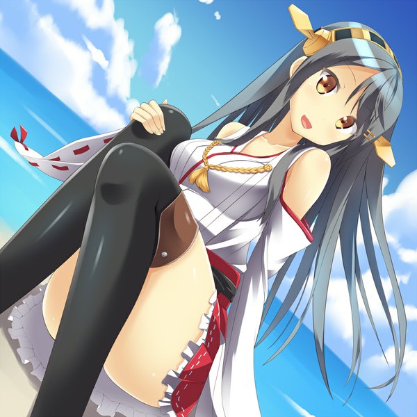 Anime picture 1000x1000 with kantai collection haruna battleship tokyo yamane single long hair looking at viewer open mouth yellow eyes sky cloud (clouds) traditional clothes grey hair girl thighhighs hair ornament black thighhighs detached sleeves
