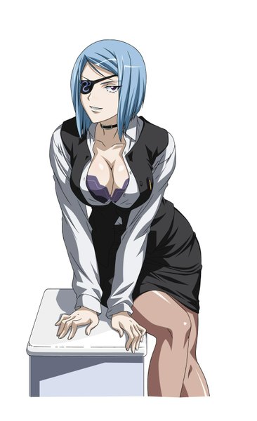 Anime picture 1000x1635 with ikkitousen mouyuu (ikkitousen) tall image looking at viewer blush short hair breasts open mouth blue eyes light erotic blonde hair large breasts sitting girl pantyhose collar eyepatch