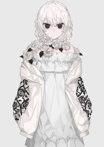 Anime picture 2508x3541 with original rairyuu single tall image fringe highres short hair simple background white hair long sleeves black eyes off shoulder grey background floral print sleeves past wrists wavy hair expressionless girl dress flower (flowers)