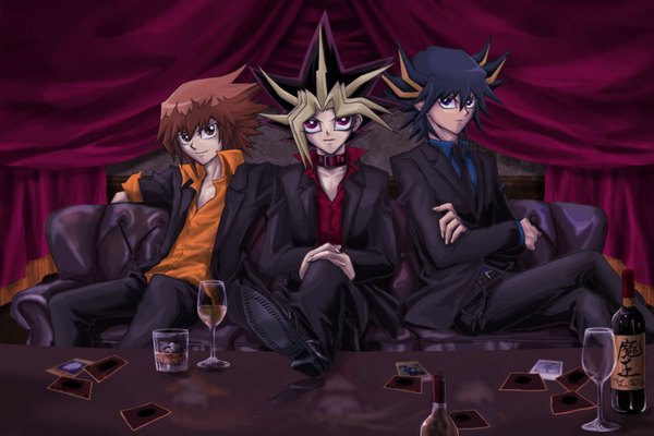 Anime picture 1500x1000 with yu-gi-oh! yami yuugi fudou yusei looking at viewer short hair red eyes brown hair sitting brown eyes multicolored hair black eyes multiple boys crossed legs open collar spiked hair boy necktie shoes collar bottle