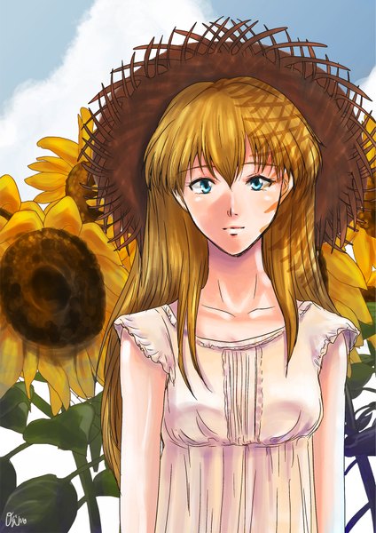 Anime picture 1204x1704 with neon genesis evangelion gainax soryu asuka langley gino0808 single long hair tall image blue eyes blonde hair girl hat sundress sunflower