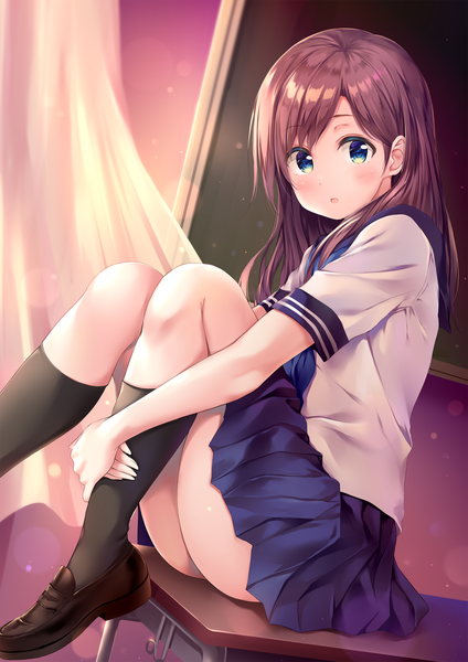 Anime picture 1414x2000 with original pasdar single long hair tall image looking at viewer blush fringe open mouth blue eyes light erotic brown hair sitting bent knee (knees) ass indoors pleated skirt :o short sleeves dutch angle