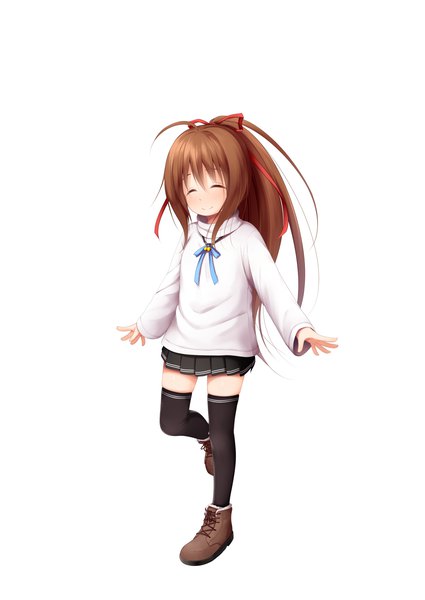 Anime picture 2507x3542 with original tachibana mion (izumi kazusa) haryuu (poetto) single long hair tall image highres simple background smile brown hair standing white background full body ahoge ponytail eyes closed long sleeves pleated skirt sleeves past wrists standing on one leg