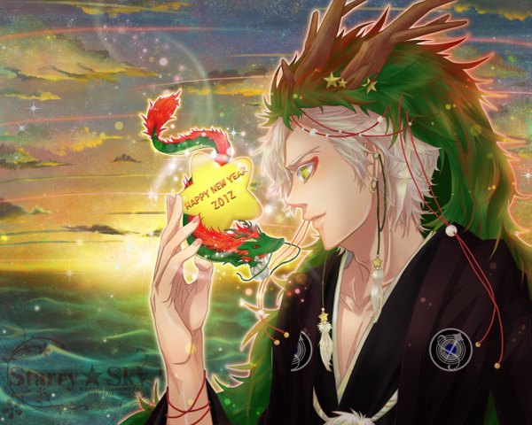 Anime picture 2500x2000 with starry sky kanata nanami iban single highres short hair green eyes sky silver hair cloud (clouds) traditional clothes profile horn (horns) inscription eyeshadow boy earrings star (symbol) feather (feathers) dragon