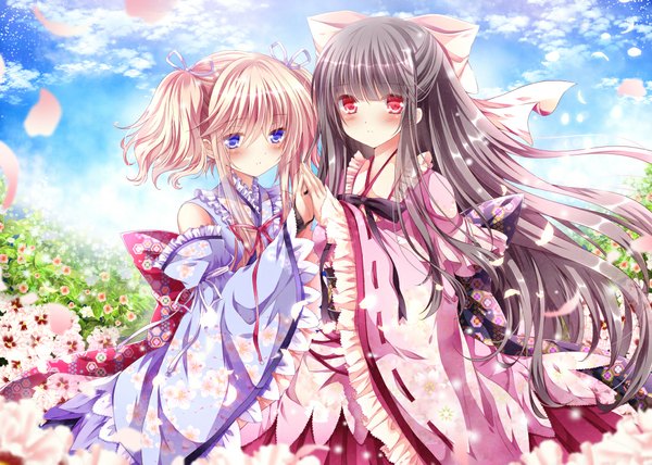 Anime picture 1100x786 with original nogi takayoshi long hair looking at viewer blush short hair blue eyes black hair red eyes bare shoulders multiple girls pink hair sky cloud (clouds) half updo fingers together girl dress flower (flowers) bow