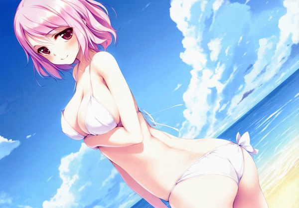 Anime picture 3447x2400 with touhou saigyouji yuyuko ke-ta single looking at viewer blush fringe highres short hair breasts light erotic red eyes large breasts standing pink hair absurdres sky cloud (clouds) nipples ass
